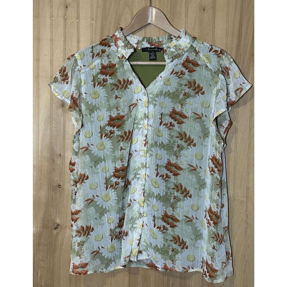 Green Gold Floral Ruffle-Trim Button Front Blouse